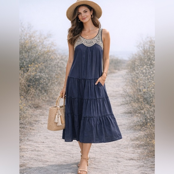 Klozlyne Dresses & Skirts - Navy Boho Embroidered Tiered Midi Dress Cotton Sleeveless Size S Klozlyne